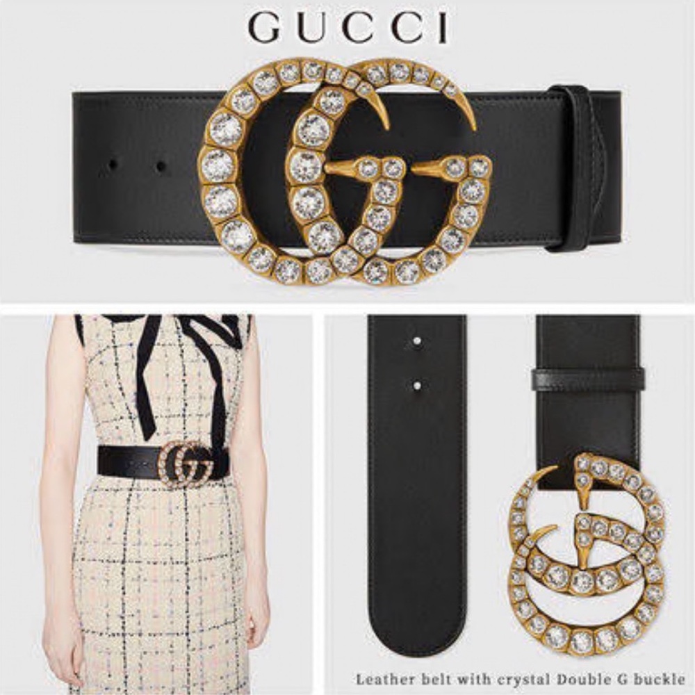 Gucci Black Leather Rhinestone Crystal GG Marmont Buckle Belt 110 XL W/ Box
